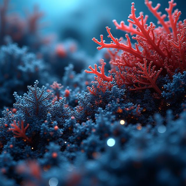 Carta da parati della collezione Abissi con motivi di coralli rossi e blu